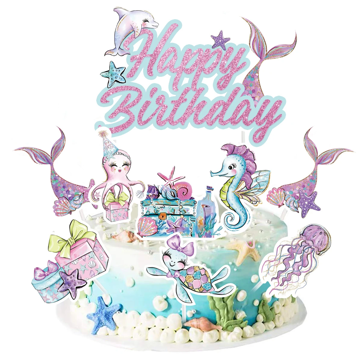 Decoración de decoración de tarta de cumpleaños con temática de sirena, decoración de cola de sirena, decoración de tarta de feliz cumpleaños para tarta de cumpleaños, suministros para fiesta de bienvenida de bebé - imagen 2