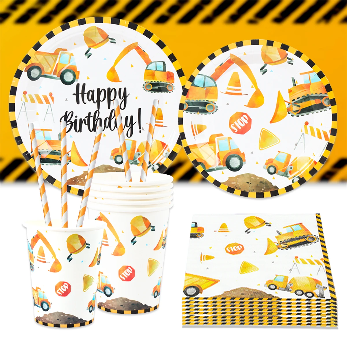 Vajilla desechable cumpleaños construcción – Excavadora camión tractor - imagen 4