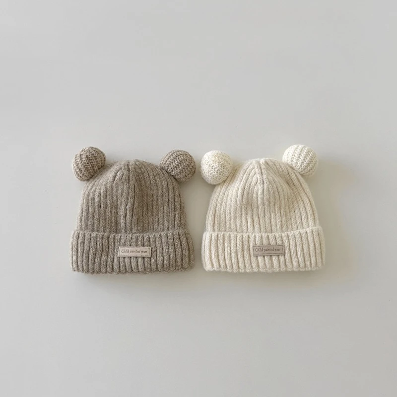 Nuevo gorro de invierno para bebé, gorro tejido con forro térmico, bonito oso de dibujos animados, gorro grueso y cálido para bebé, gorro suave con orejeras para recién nacido de 1 a 4 años - imagen 2