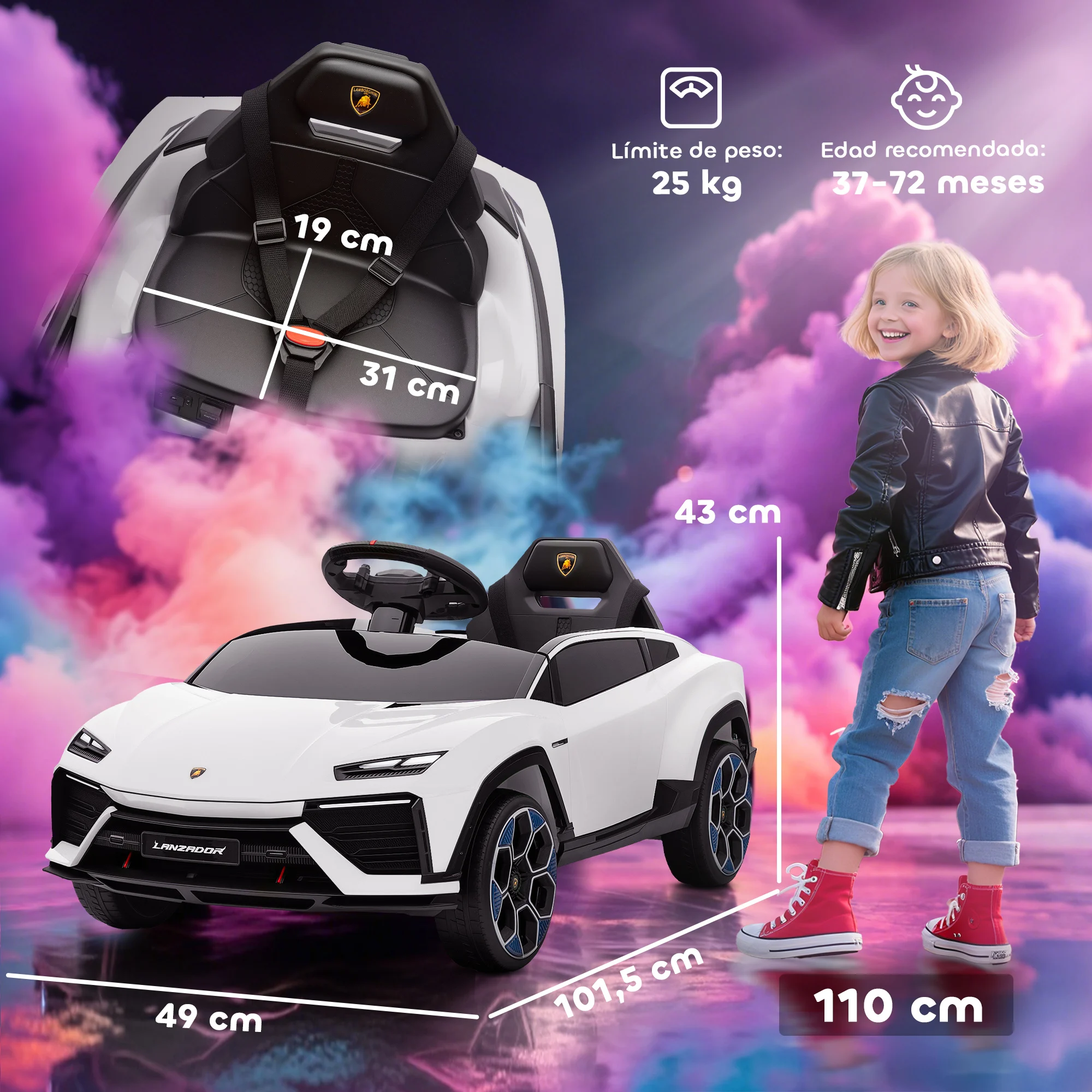 AIYAPLAY Coche Eléctrico para Niños de +3 Años, Lamborghini, Coche de Batería 12V, con Mando a Distancia 2,4 G, Motor Doble, Ruedas con Suspensión, Faros, Música, USB, Blanco - imagen 3