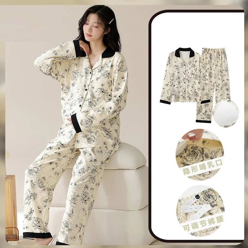 Ropa de dormir de maternidad de talla grande, pijamas posparto para otoño y primavera, ropa holgada con almohadillas para el pecho, entrega para mujeres lactantes