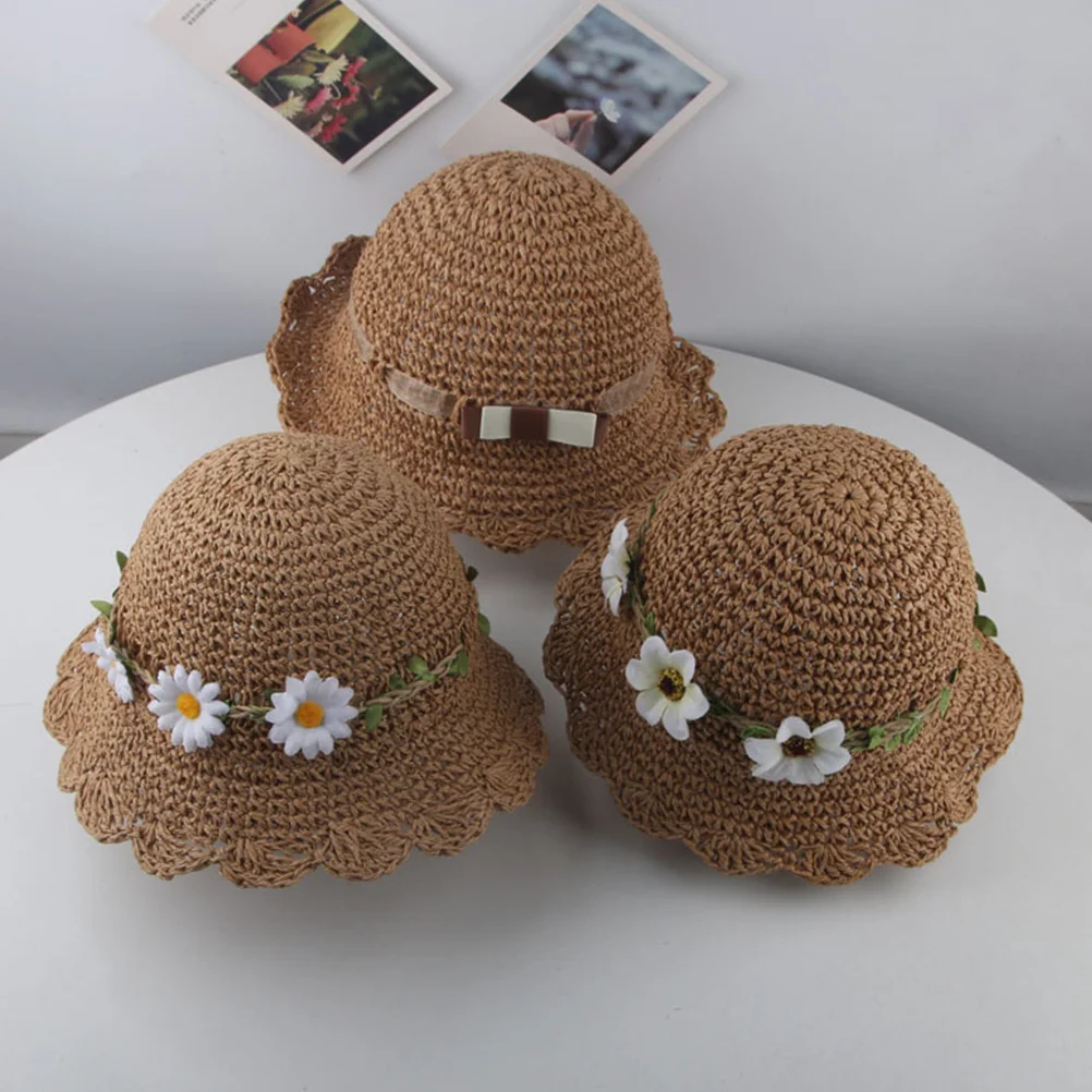 Sombrero de paja para el sol para niños, 48cm, protección solar de ala ancha para playa de verano, flores de loto decoradas, sombrero de playa de verano ligero y transpirable - imagen 3