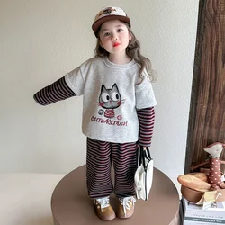 Conjunto suéter falso de manga larga y pantalón a rayas para niña