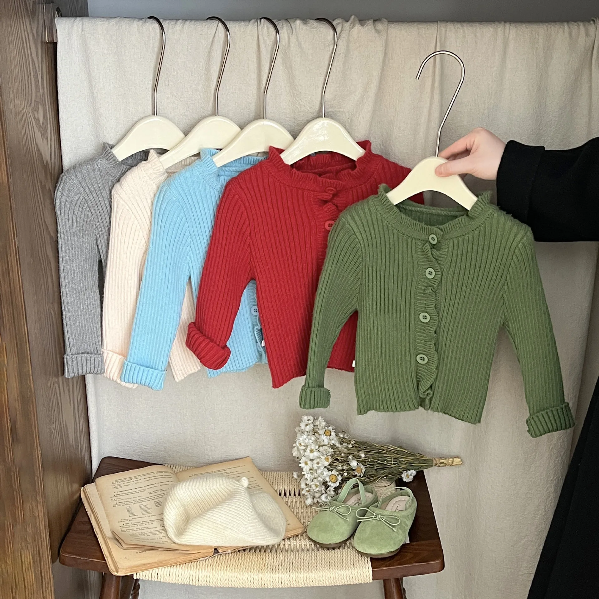 Suéter con borde de oreja para niña, ropa de otoño, cárdigan de Color sólido para bebé, abrigo, suéter de punto elegante para niño