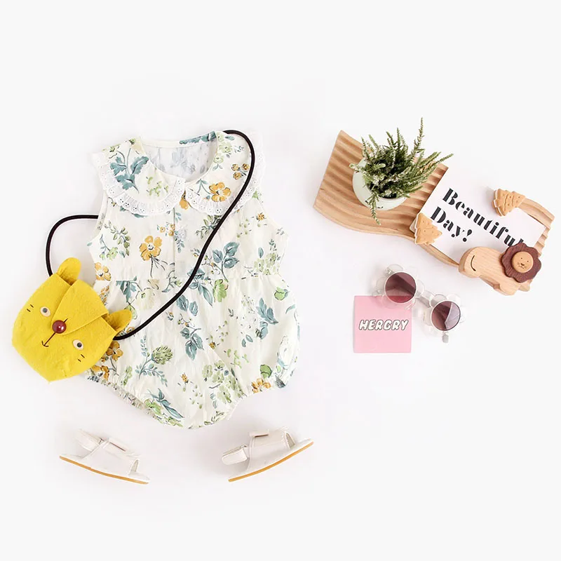 Body de encaje de una pieza sin mangas de estilo fino para niños pequeños, ropa bonita con estampado de flores para niñas de 3 a 24 meses