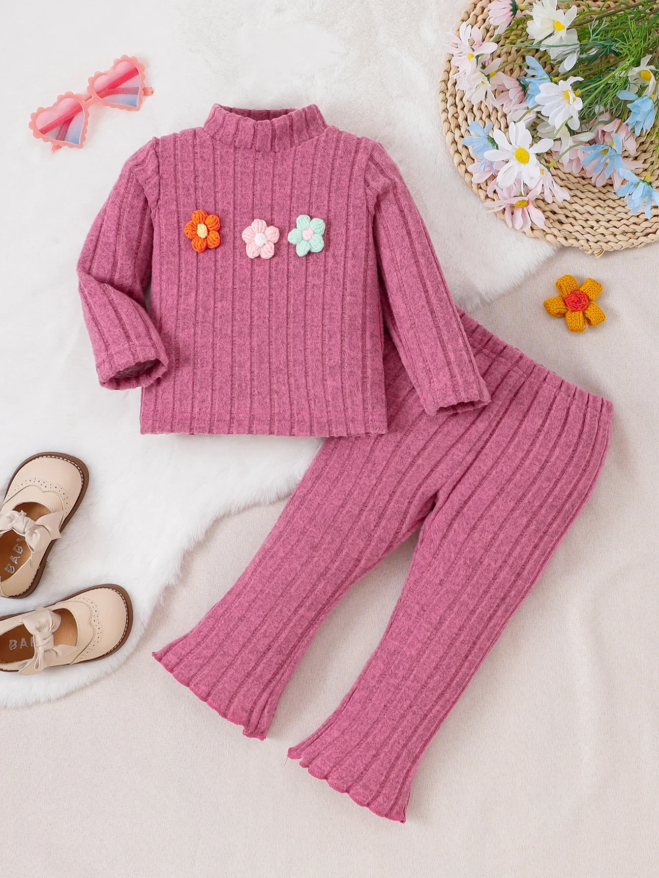 Conjunto de punto para niña pequeña, pantalones de manga larga a rayas lisas con decoración de flores, ropa informal de otoño e invierno para niño de 0 a 3 años, 2 uds. - imagen 3