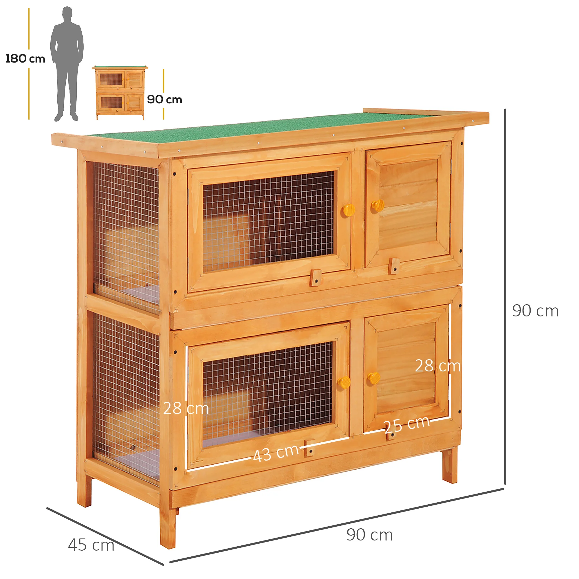 PawHut Conejera de Madera Exterior de 2 Niveles Jaula para 1-2 Conejos Mascotas Pequeñas con Techo Asfáltico Abrible y 2 Bandejas Extraíbles 90x45x90 cm Madera Natural - imagen 3
