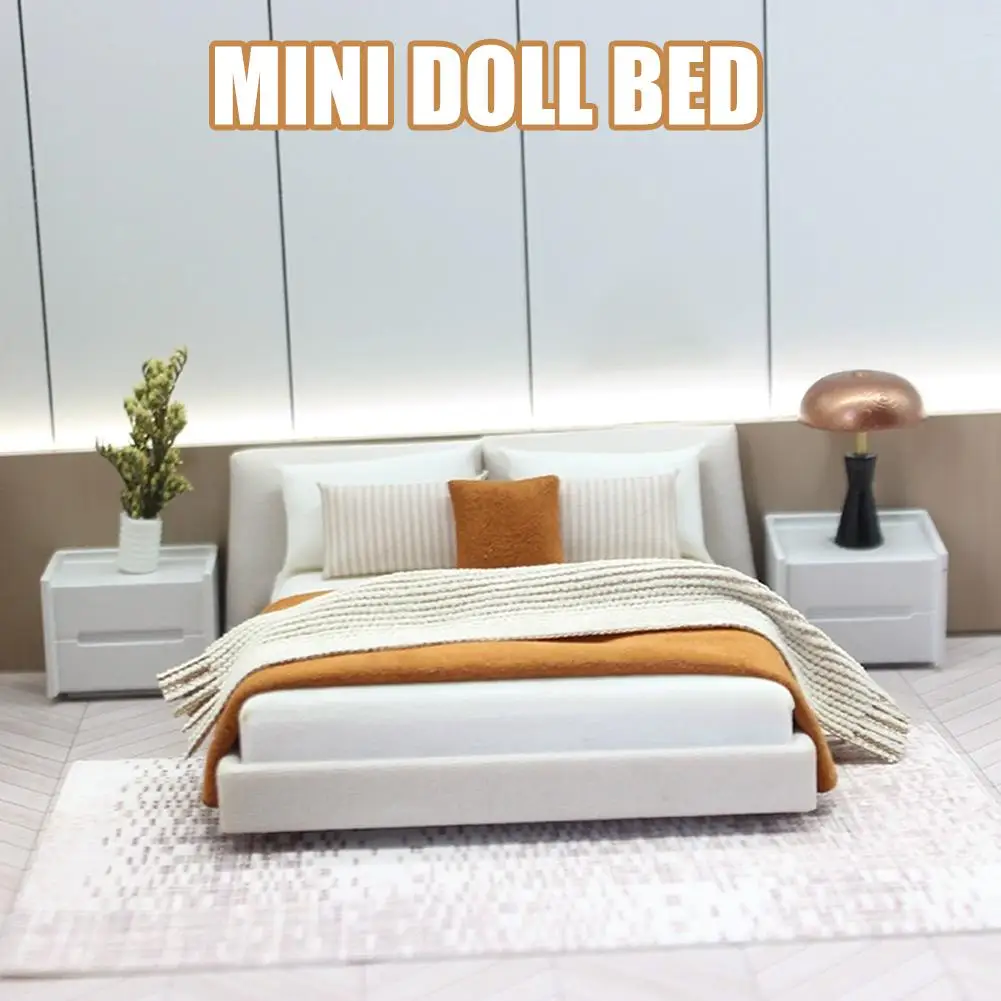 Cama doble y ropa de cama en miniatura para dormitorio, muebles de estilo crema, decoración en miniatura O6m3 - imagen 2