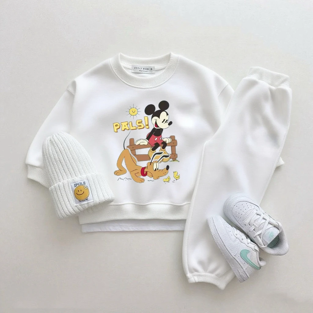 Mickey Tops pantalones de chándal blancos de dos piezas lindo cuello redondo Sudadera con capucha pantalones versátiles nuevos conjuntos estampados de dibujos animados ropa Popular - imagen 2