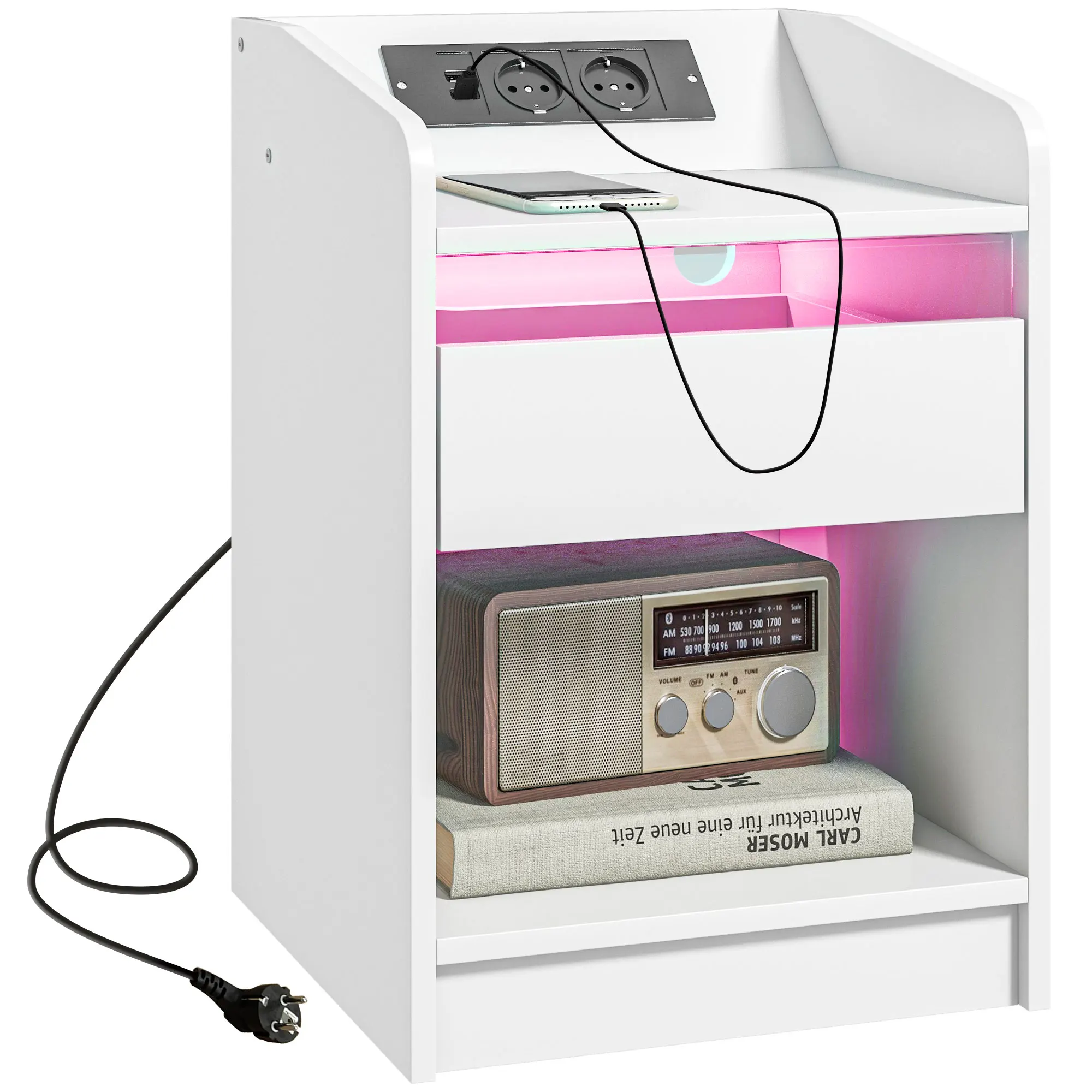 HOMCOM Mesita de Noche Mesilla de Noche con Luces LED Mesa de Noche con Cajón Estante Puertos USB Estación de Carga y Mando a Distancia 40x40x58 cm Blanco