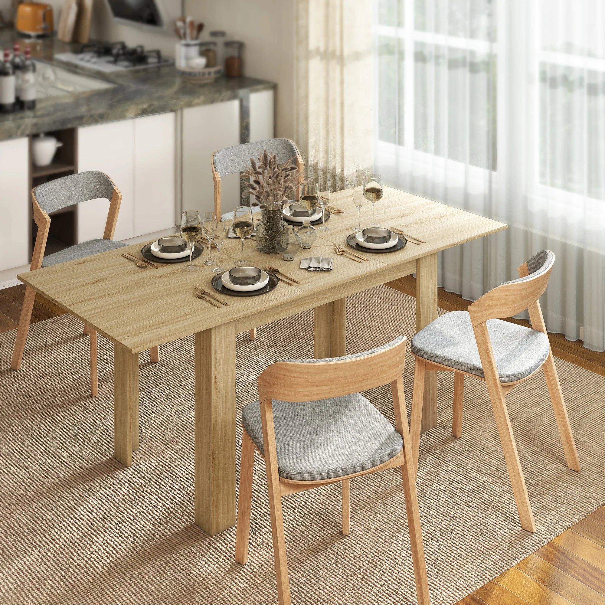 HOMCOM Mesa de Comedor Extensible de 140 a 180 cm Mesa de Cocina Extensible Rectangular para 6-8 Personas para Salón 140-180x90x75 cm Madera Natural