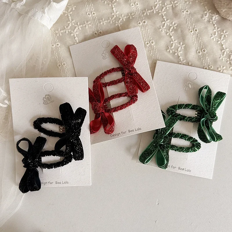 2 uds sombreros de Navidad brillo bebé niña Clip de pelo Kawaii arco Bang Clip LATERAL horquilla brillante accesorios para el cabello para niños - imagen 2