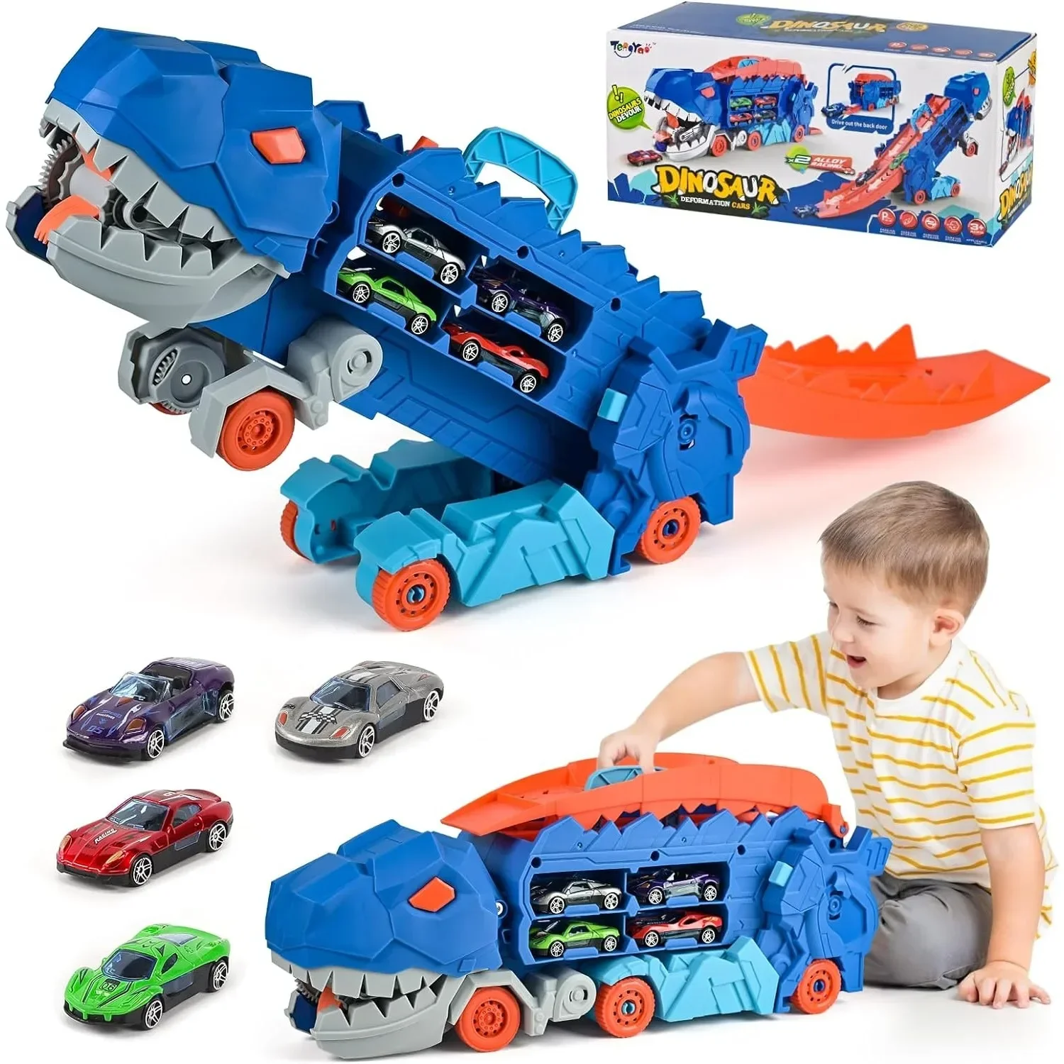 Camión de dinosaurios de transporte con pista de carreras deslizante plegable, se transforma en T-rex de pie, los mejores regalos de cumpleaños, juguetes para niños y niñas