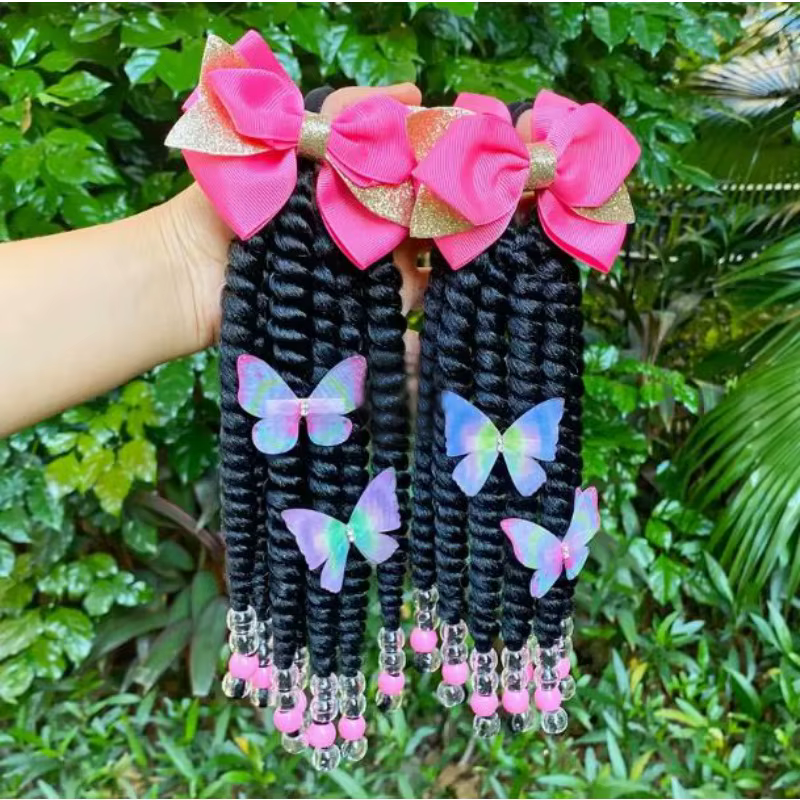 Coleta trenzada con cuentas y lazo para niña – 8 pulgadas