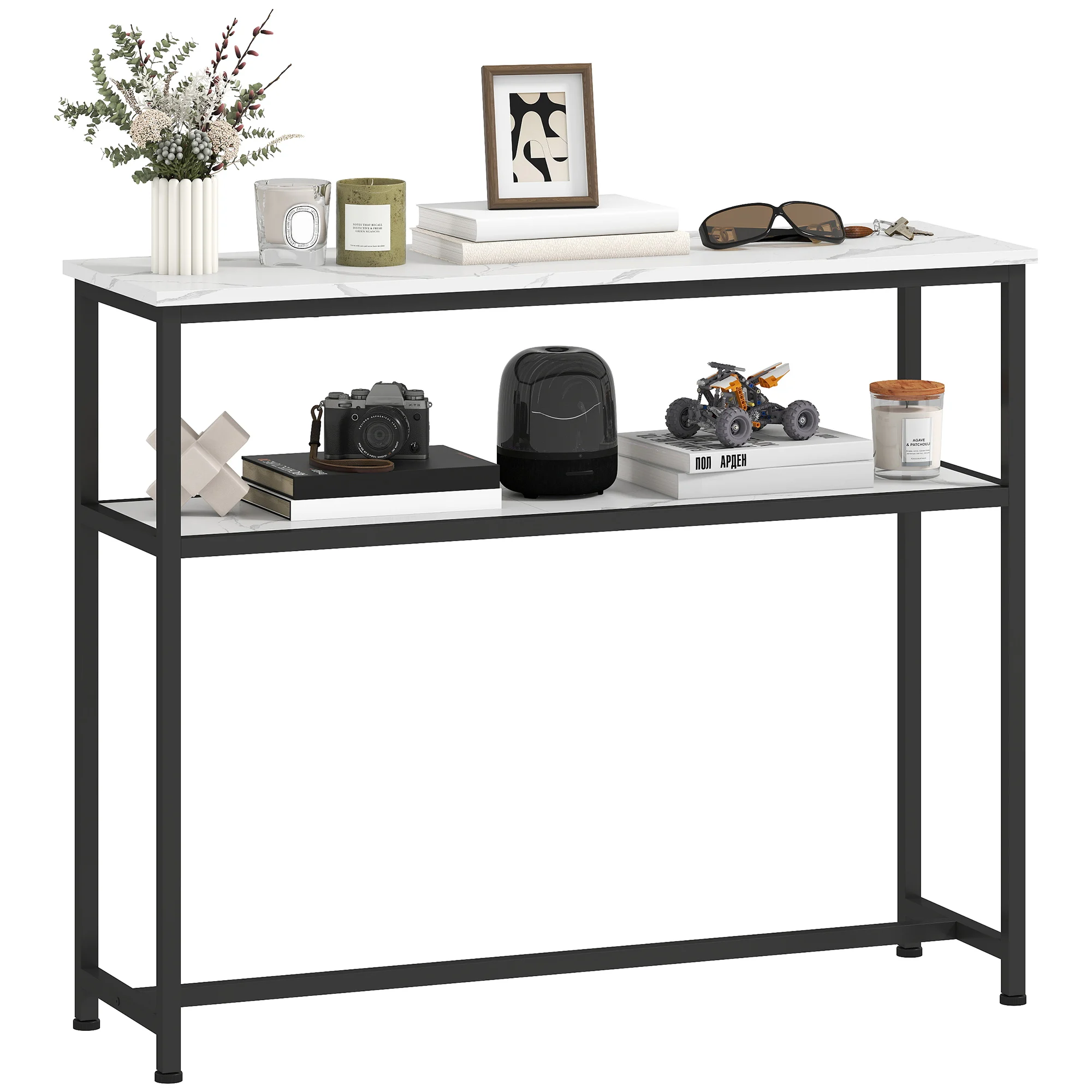 HOMCOM Mesa Consola Moderna Consola Recibidor Estrecha con Superficie con Efecto Mármol Estante Abierto y Marco de Metal Mesa de Sofá para Entrada Sala de Estar 100x30x81 cm Blanco - imagen 3