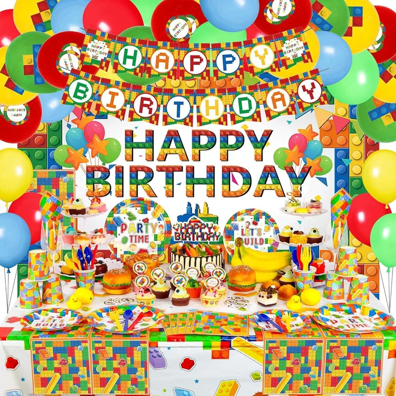 Bloques de construcción para decoración de fiesta de cumpleaños, platos, servilletas, tazas, telón de fondo, juguete para niños, bloques de construcción coloridos, suministros para fiesta de cumpleaños - imagen 5