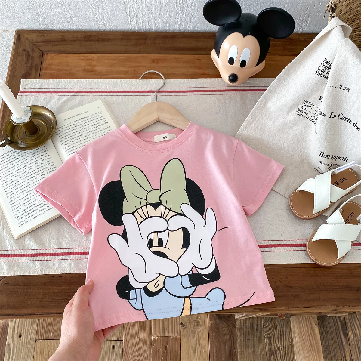 Camisetas de dibujos animados de Disney, ropa de verano con estampado de Minnie, camisetas bonitas para niñas, camisetas de manga corta, ropa para niños, camiseta sencilla con cuello redondo