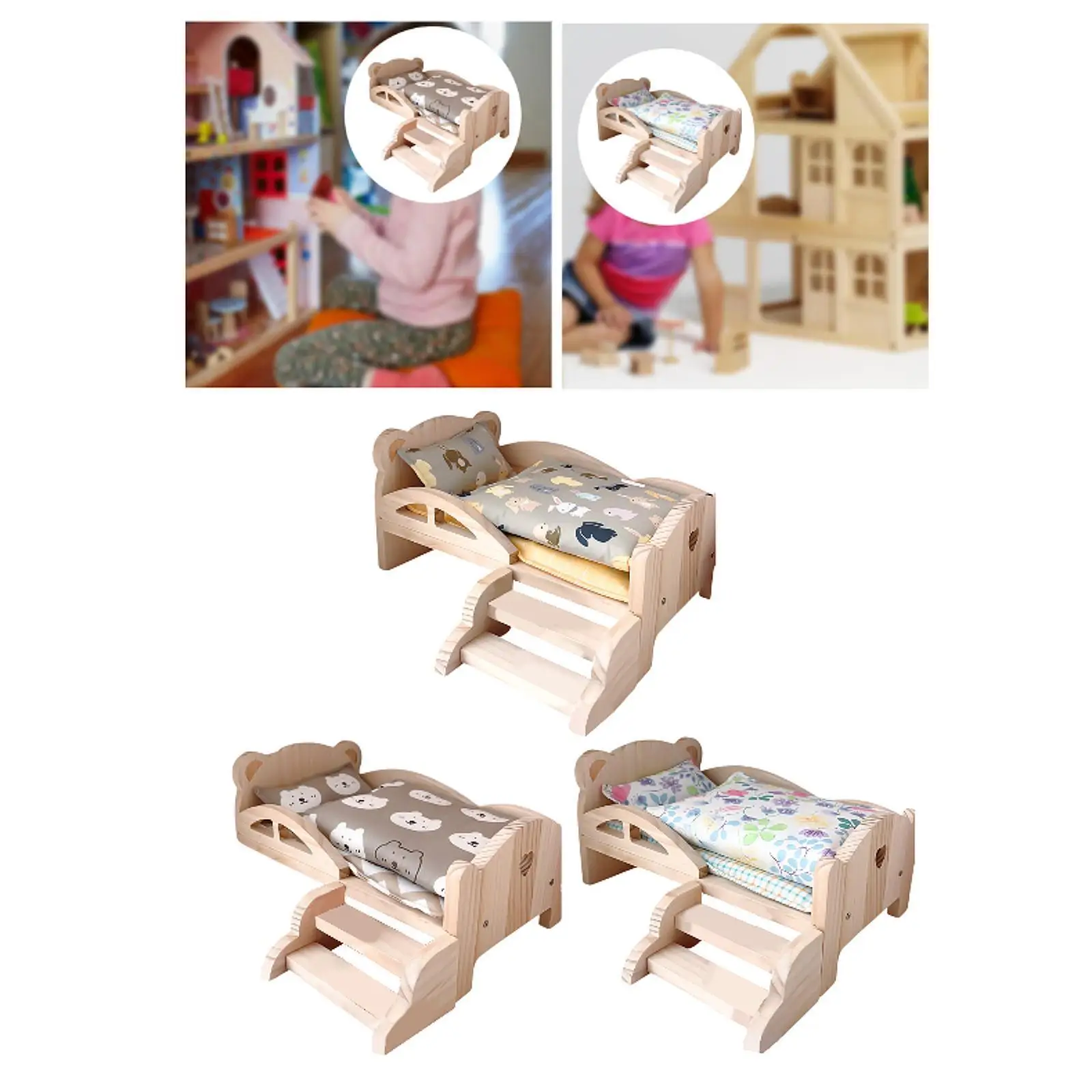 1:12 Wooden Doll Mini Bed Cartoon Doll Accessories for Dollhouse Decor