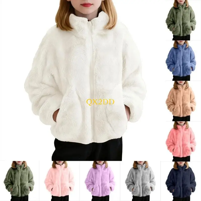 QX2D Abrigo Piel Cordero otoño e Invierno para niñas Lana Felpa con Cremallera y Cuello Alto Abrigo Felpa y