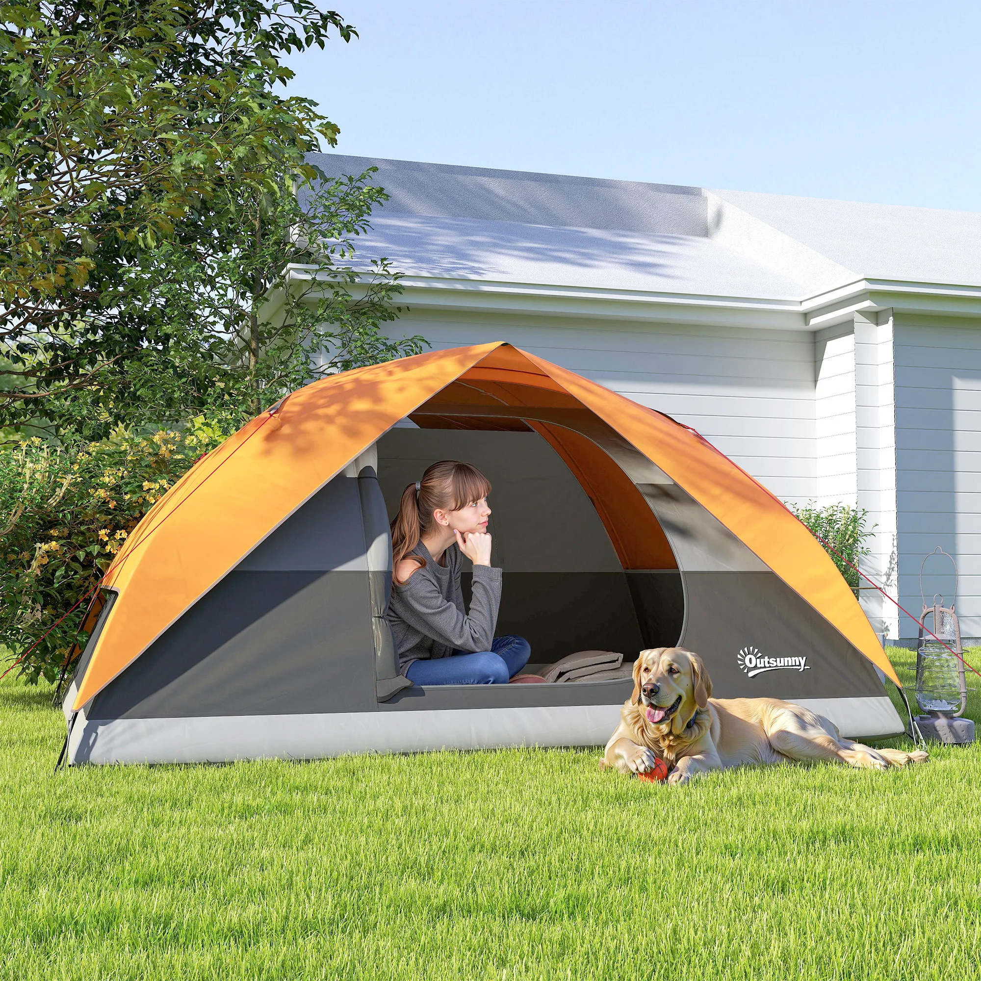 Outsunny Tienda de Campaña para 2-4 Personas Tienda de Camping Plegable con Puerta Ventana de Malla Bolsillos Gancho y Bolsa de Transporte Impermeable Fácil Instalación para Senderismo Naranja y Gris