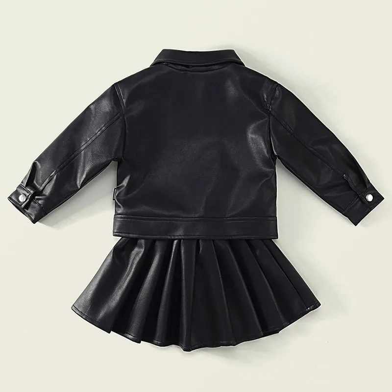 Conjuntos de trajes de otoño para niñas, moda coreana, Tops de manga larga de PU negros para bebés + falda, ropa de Boutique para niños, ropa para niños B300, 2 uds. - imagen 2