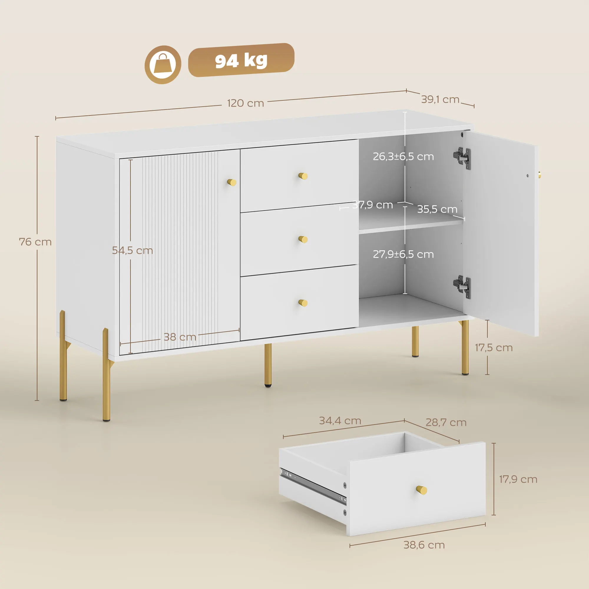 HOMCOM Aparador Moderno de 2 Puertas, Aparador de Salón con 3 Cajones, Estantes Ajustables, Encimera con Efecto Mármol, Patas de Acero, para Cocina, Entrada, Dormitorio, Blanco, 120x39,1x76 cm - imagen 3