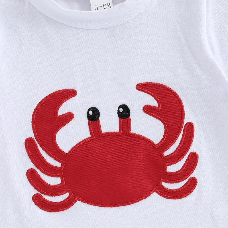 Suefunskry Conjuntos de verano para niños pequeños, camisetas y pantalones cortos de manga corta con cuello redondo y bordado de cangrejo - imagen 4