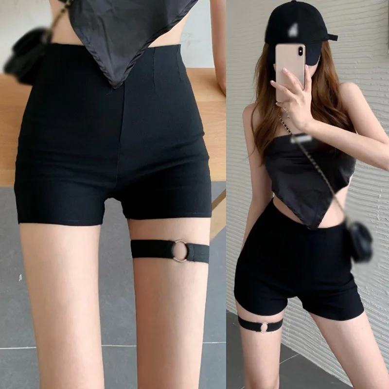 Pantalones cortos negros de cintura alta para mujer, poliéster, Color sólido, ajustado, Sexy, elástico, cintura elástica, lazo Delgado, Verano - imagen 5