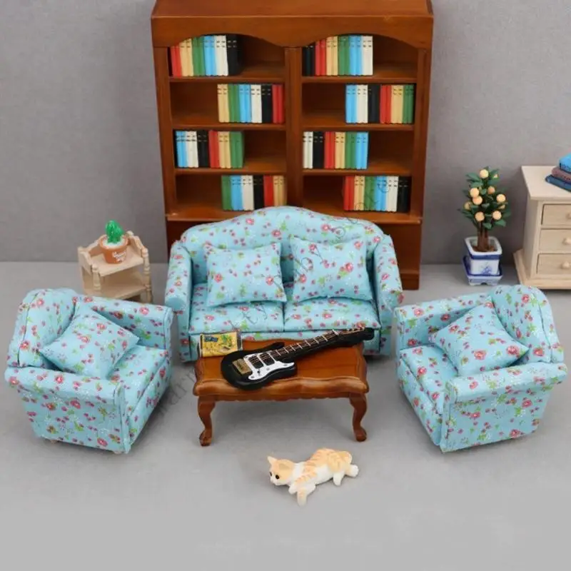 XXFE-muebles para muñecas con marco madera, juego sofás tela para decoración exhibición casa muñecas 1/12 - imagen 2