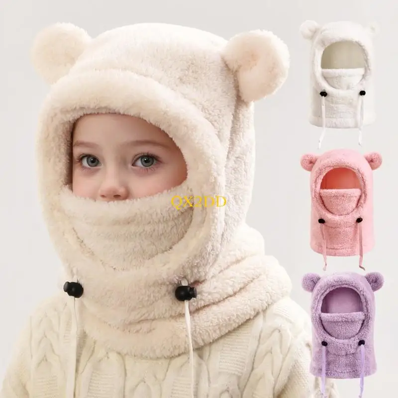 QX2D Gorros gruesos y cálidos con máscara para niños, bufanda felpa invierno, sombrero para exteriores, calentador a