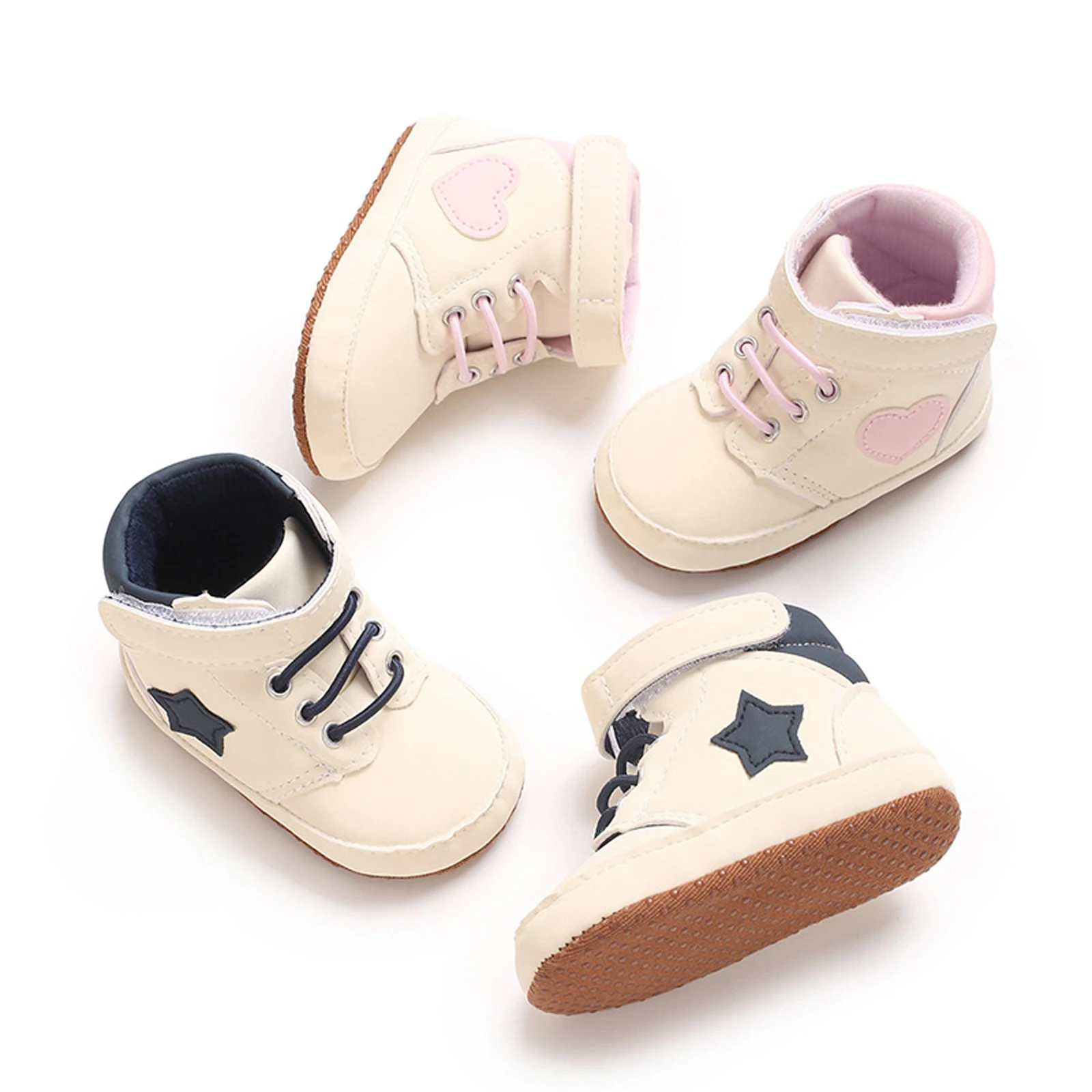 Zapatillas altas para niños pequeños, zapatos planos informales con parche de estrella/corazón, suela suave, zapatos transpirables para caminar para bebés recién nacidos - imagen 4