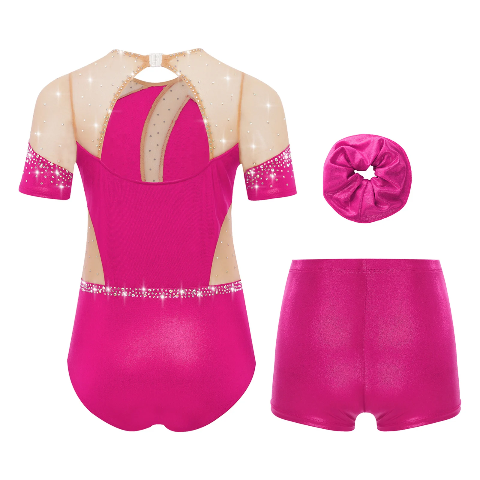 Conjuntos de Ballet para niñas, traje de baile para patinaje artístico y gimnasia, leotardo metálico con diamantes de imitación de malla transparente con pantalones cortos y diadema - imagen 3
