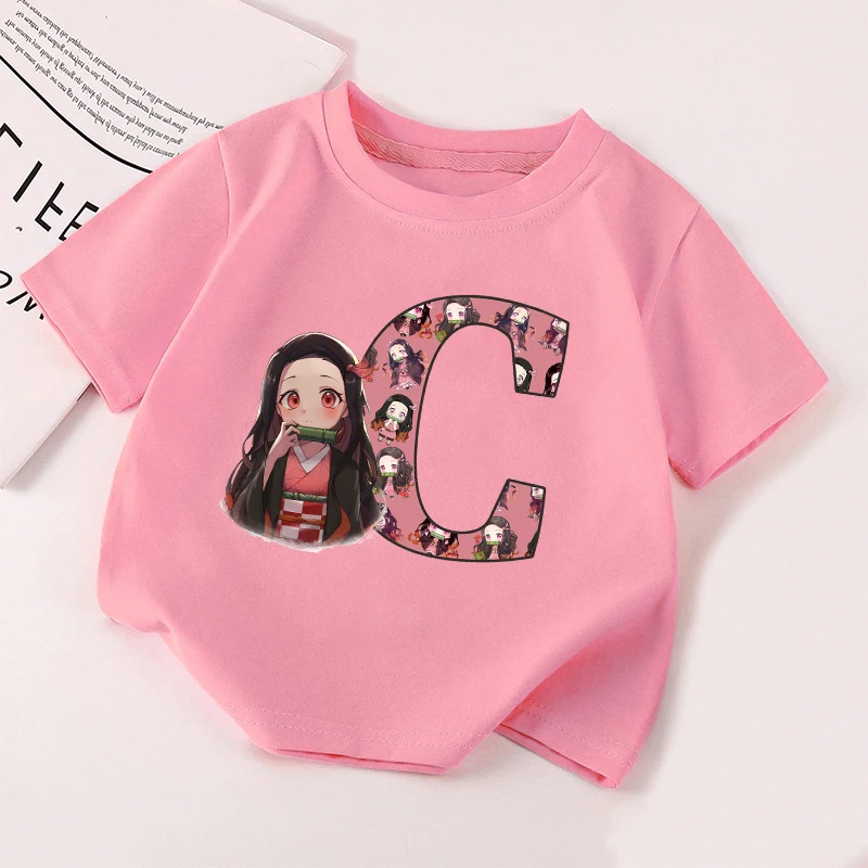 Camiseta Demon Slayer Nezuko para niñas, ropa para niños, Tops con letras A-Z, algodón, manga corta, dibujos animados de verano, regalos de cumpleaños para niños - imagen 3