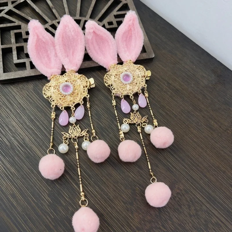 Pinza para el cabello para niños de estilo antiguo de Año Nuevo, estilo chino con borlas rosas, bonito diseño para niños, un accesorio festivo imprescindible para el cabello. - imagen 3