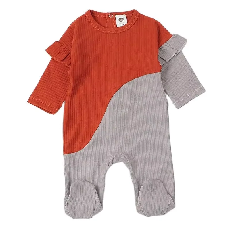 Footie de bebé de manga larga, monos de bebé con bloques de color, material acanalado, ropa para niño/niña, pelele para bebé de temporada de otoño - imagen 2