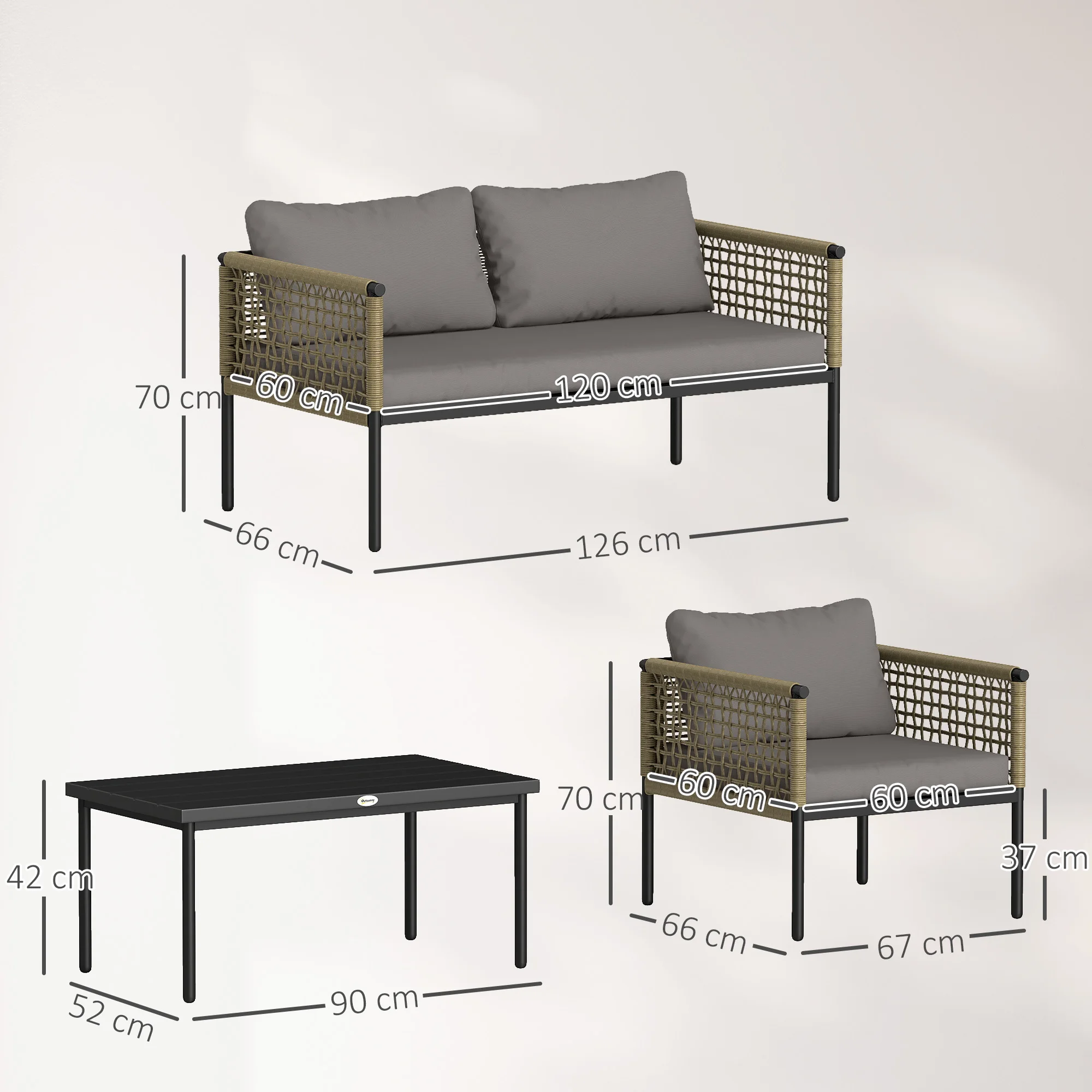 Outsunny Conjunto de Jardín Exterior de Ratán Sintético de 4 Piezas Muebles de Jardín Exterior Incluye 1 Sofá Doble 2 Sillones y Mesa de Centro con Cojines Natural y Gris - imagen 3
