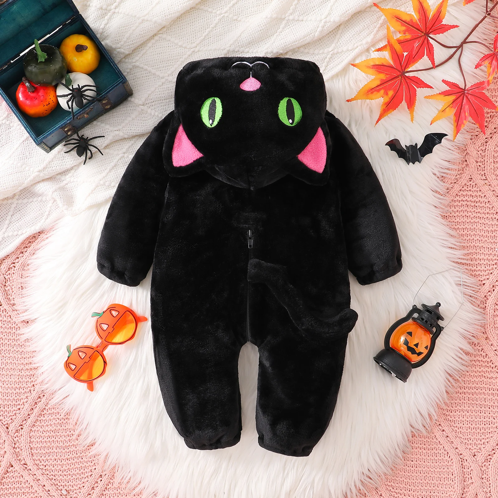 VISgogo Disfraz de Halloween de gato negro para bebé, pelele cálido de invierno con capucha de manga larga, mono infantil cálido y bonito - imagen 3