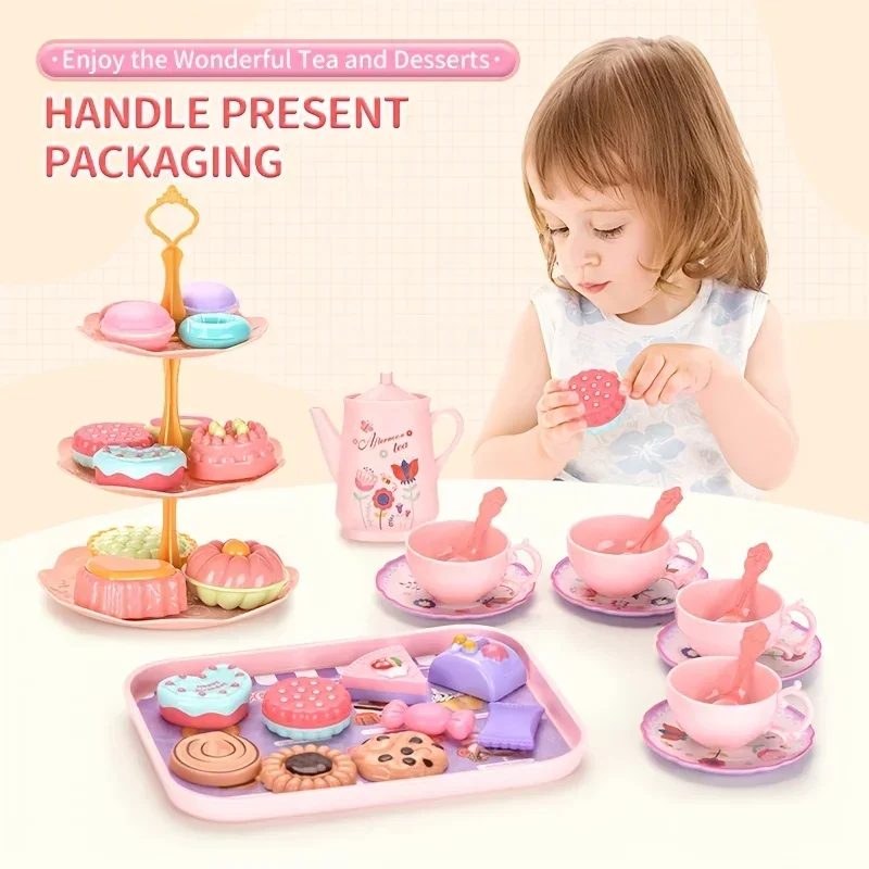 Juego de fiesta de té para niñas pequeñas, juego de té de flores, juguetes para niños pequeños, cocina, juguetes para juego de imitación con pastel de postre, regalos de navidad - imagen 3