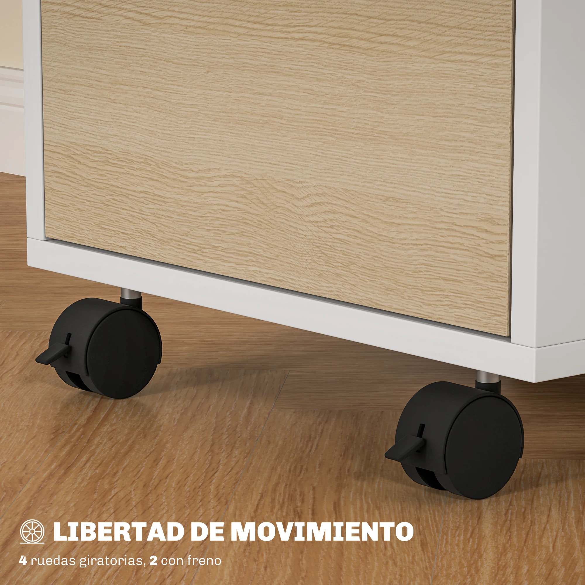 HOMCOM Cajonera de Escritorio con 3 Cajones Cajonera de Oficina con Ruedas Cerradura y 2 Llaves Archivador Móvil para Estudio Salón 40x40x63,5 cm Blanco y Roble - imagen 4