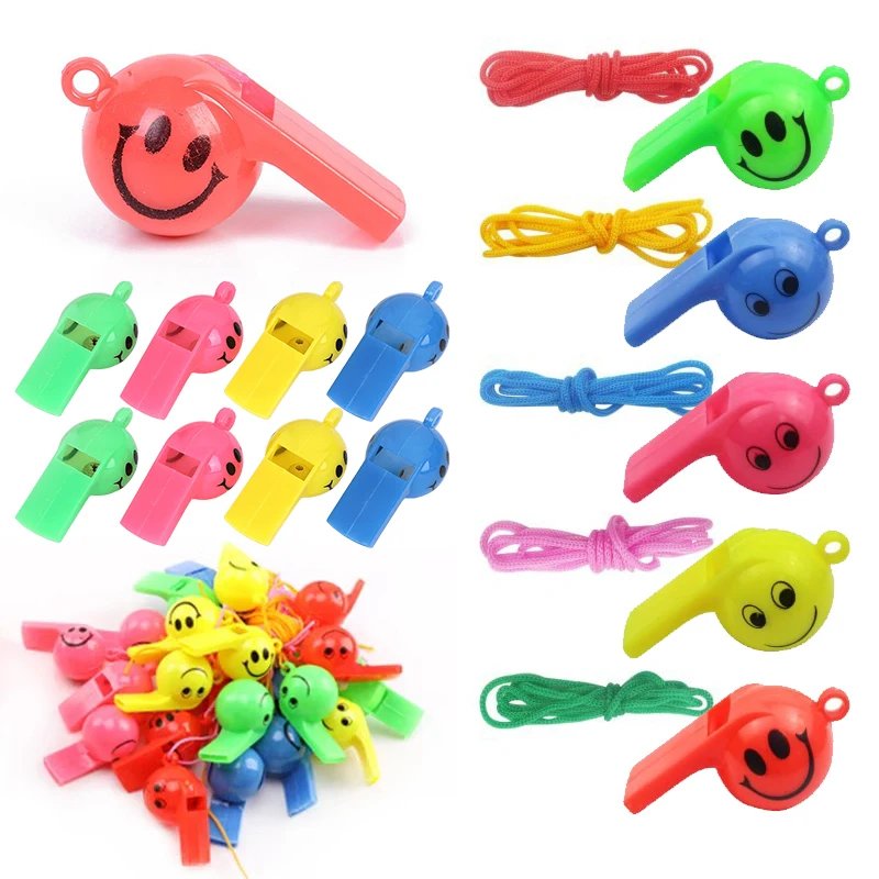 5/10/20 piezas Mini silbato de plástico con cara sonriente, silbatos de colores mezclados aleatorios con cuerda, árbitro de porristas, apito para fanáticos deportivos, suministro ZYF