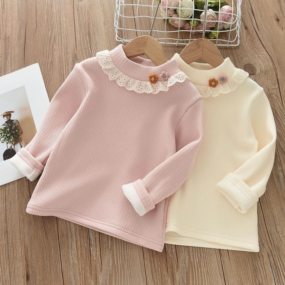 Camisa básica con cuello de encaje para niña, blusa de fondo cálida con forro polar acolchado de flores para niña de 80-140cm, otoño 2025 - imagen 2