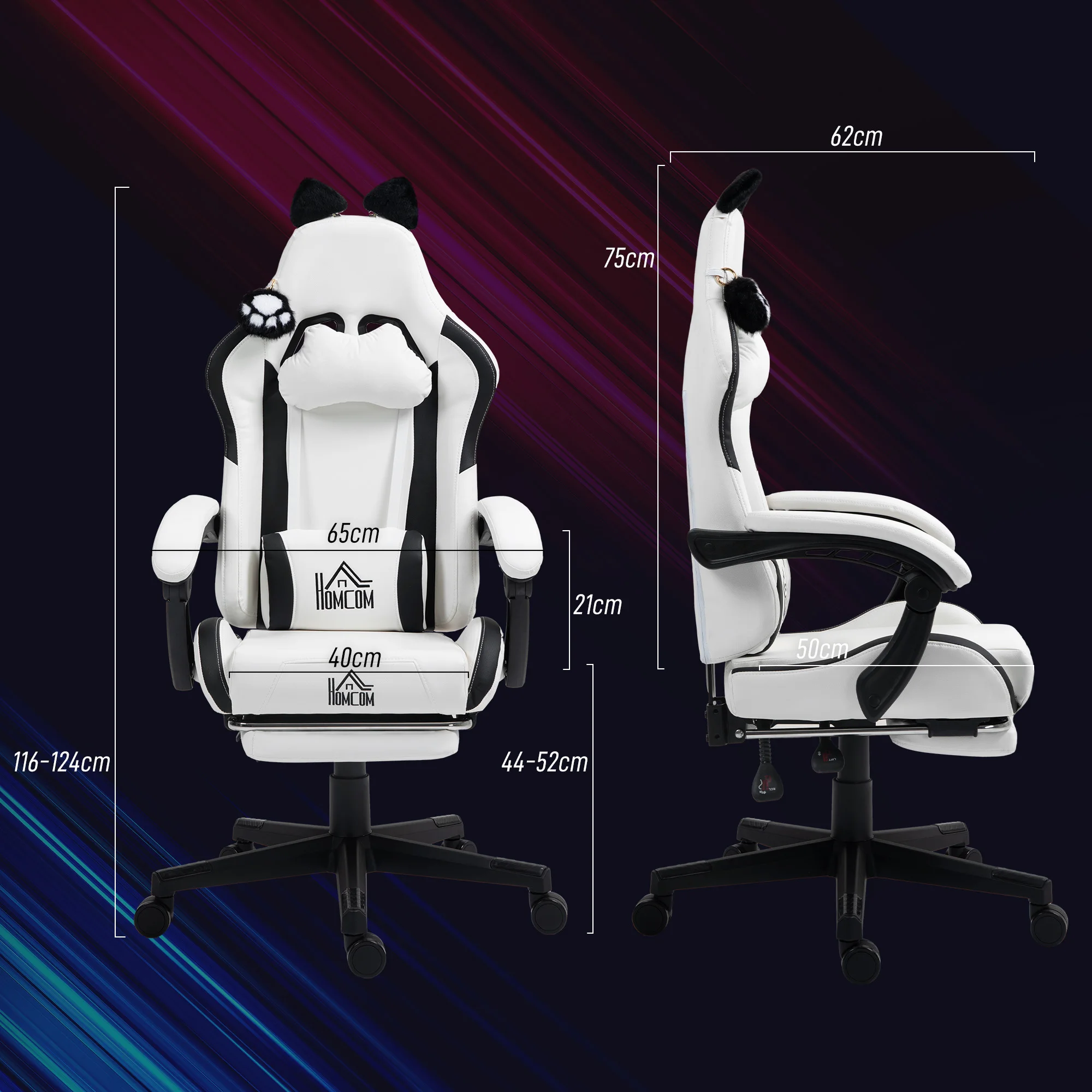 HOMCOM Silla Gaming con Orejas Silla Gamer Reclinable con Altura Ajustable Reposapiés Retráctil Soporte Lumbar y Reposacabezas Desmontable Silla para Oficina Estudio - imagen 3