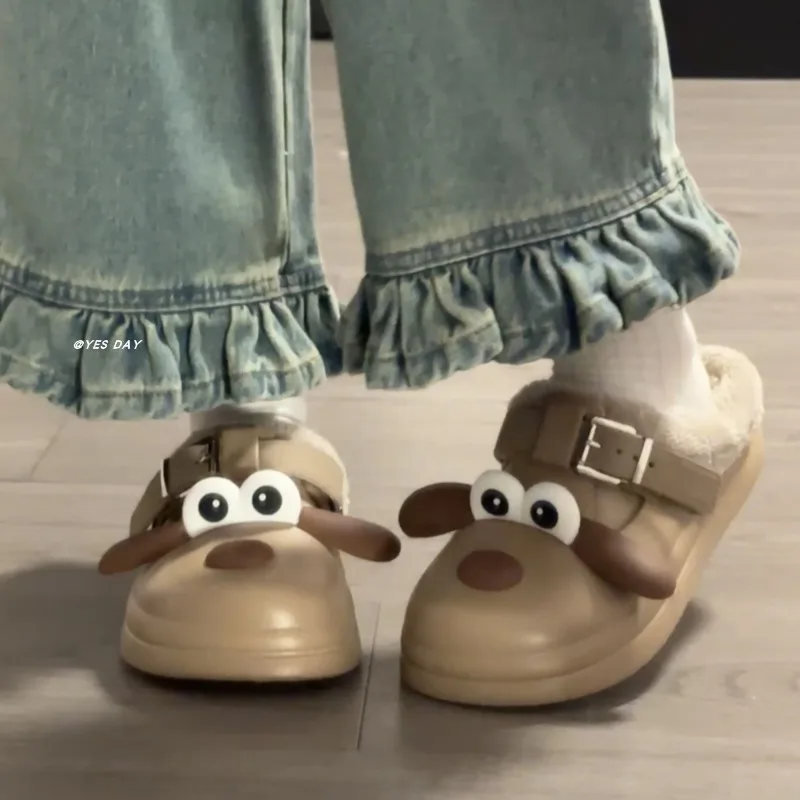 Zapatillas de calle de interior impermeables para mujer, bonitos dibujos animados, perro DIY, zapatos de casa para otoño e invierno, chanclas de algodón cálidas de felpa para el hogar - imagen 2