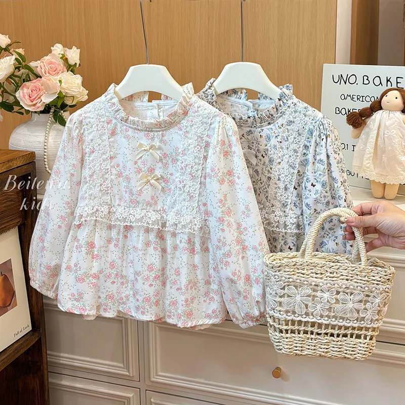 Camisa floral de algodón con lazo para niña
