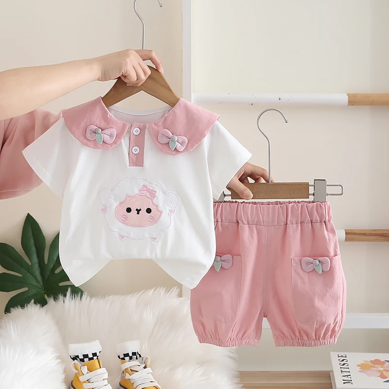 Nueva ropa de verano para niñas, traje para niños, camiseta de manga corta, pantalones cortos, 2 unids/set, ropa para niños, disfraz informal de dibujos animados para niños - imagen 3