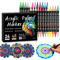 Paquete de 24 rotuladores artísticos de doble Color, rotuladores de pintura acrílica de doble punta de 48 colores, marcadores de dibujo para manualidades DIY