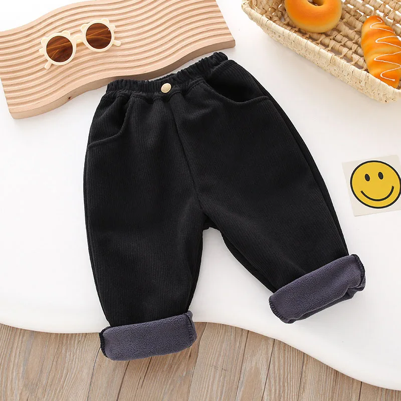 Pantalones informales de pana para niños, pantalones acolchados de lana con parches de Color sólido para invierno de 2 a 7T, pantalones cálidos y gruesos para niños - imagen 3