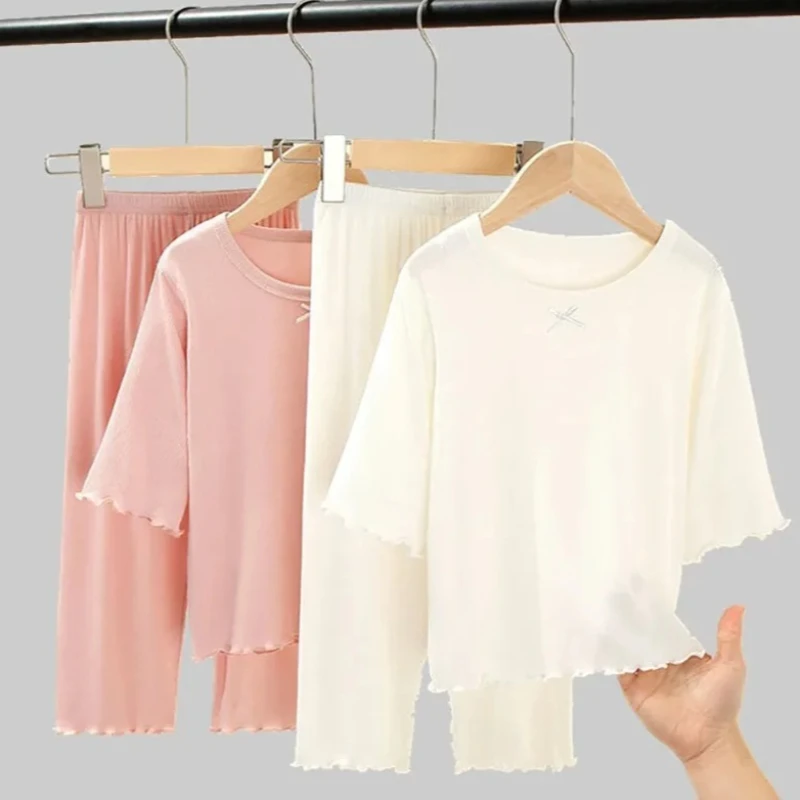 Pijama de seda de hielo para niñas – 2 piezas manga corta verano