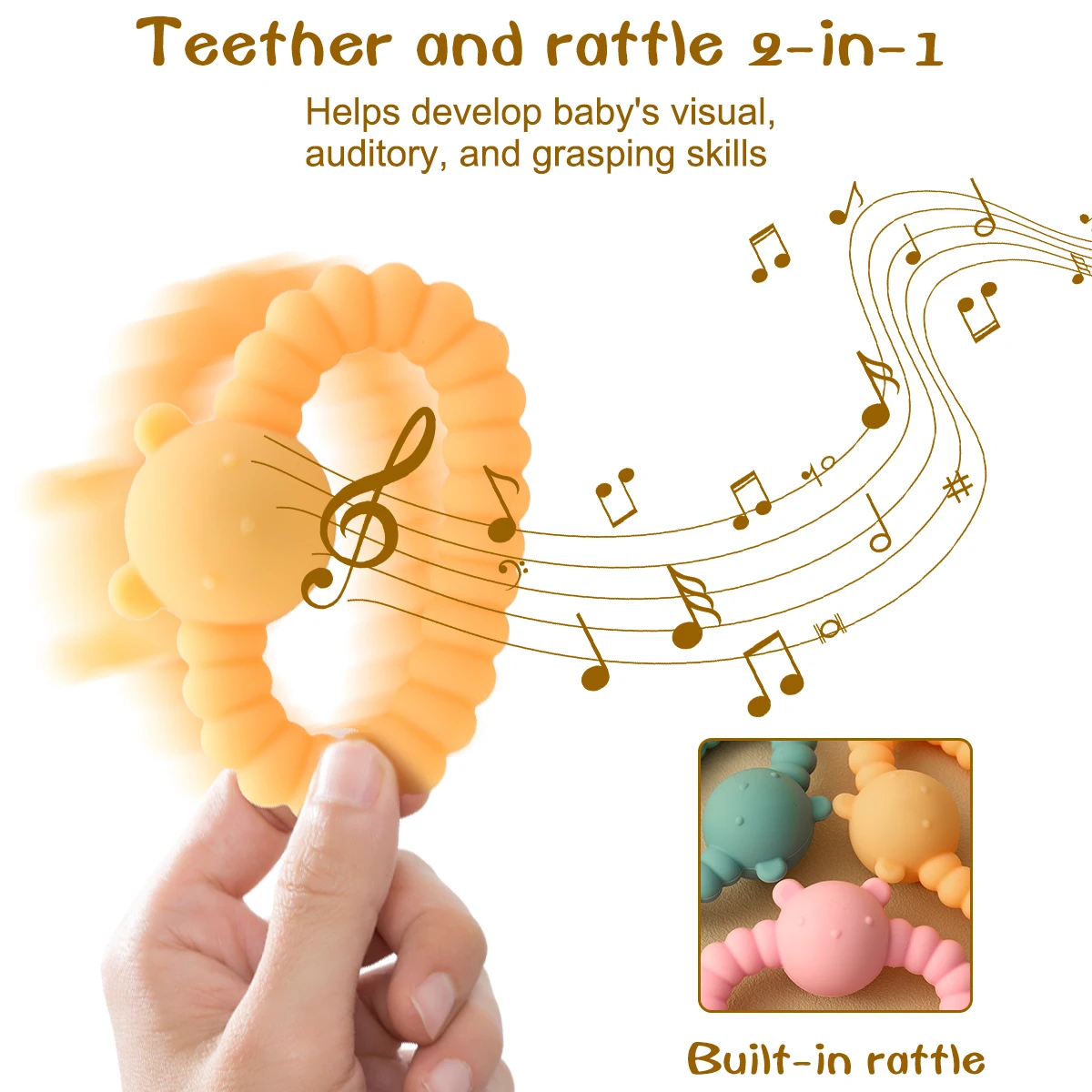 Color niños 1 Uds oso silicona mordedor sonajero juguete grado alimenticio 0-12 meses bebé sensorial anillo de dentición juguetes relajantes para niños pequeños - imagen 5