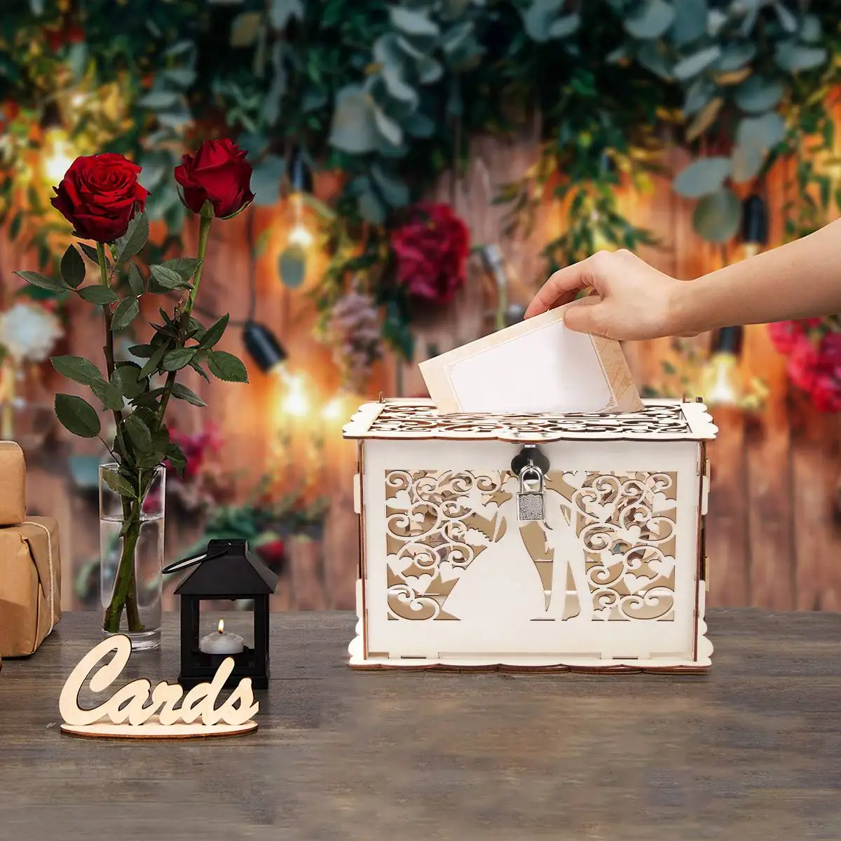 Cajas de tarjetas de regalo de madera para bodas con cierre, decoración rústica para bodas, caja de dinero con diseño de Señor y Señora hueca, suministros para fiestas de bodas - imagen 2